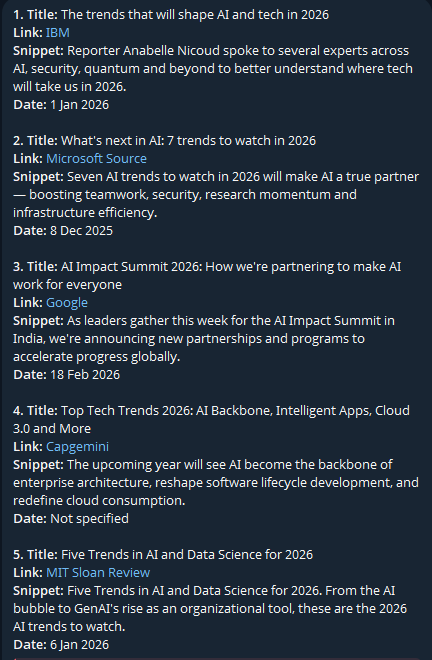 SearXNG search results showing AI news articles